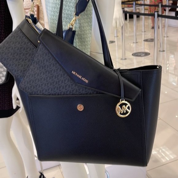MICHAEL Maisie Large Pebbled Leather 3-in-1 Tote Bag BLACK / BLACK MULTI… - Picture 2 of 16